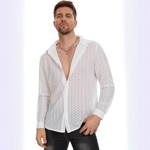Men's Lace Mesh Long Sleeve Shirt - Black
