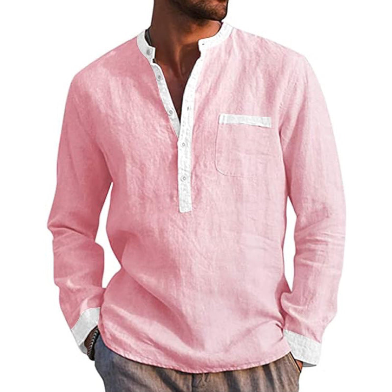 Men's Cotton Linen Long Sleeve Henley Shirt - White - M
