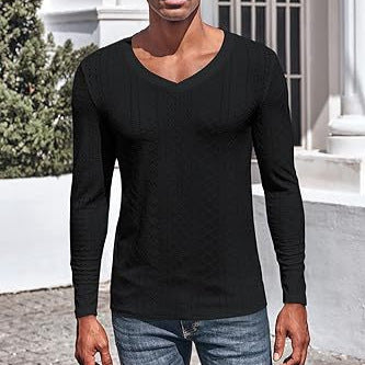 Men's Jacquard V-Neck Long Sleeve Knit Shirt - Black - XXL