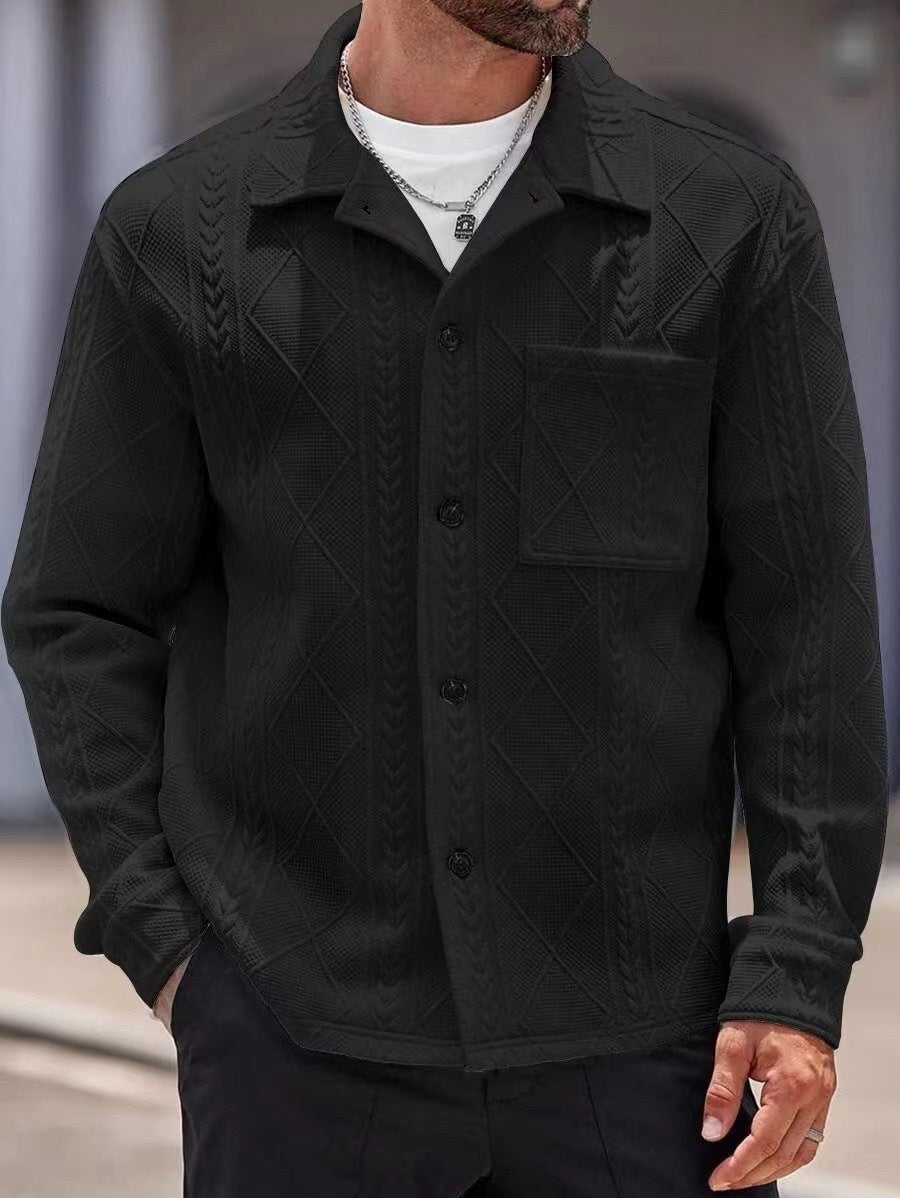 Men's Jacquard Knit Lapel Cardigan Jacket - Black - M