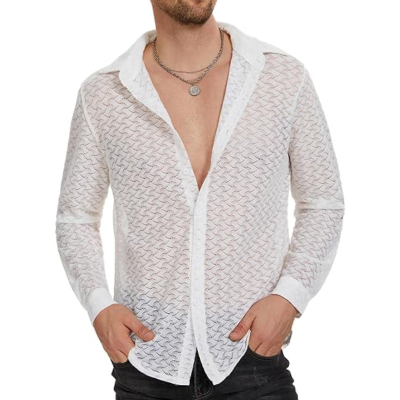 Men's Lace Mesh Long Sleeve Shirt - White