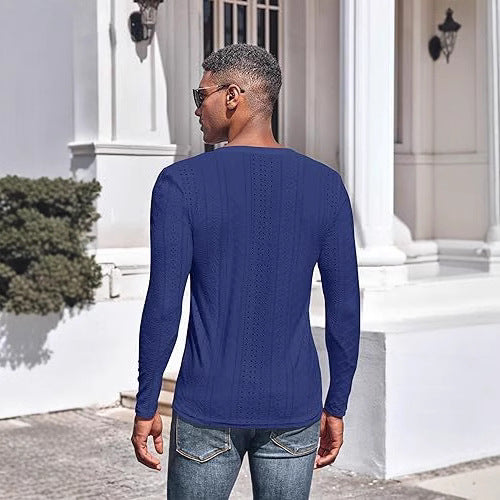 Men's Jacquard V-Neck Long Sleeve Knit Shirt - Blue - S