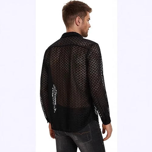 Men's Lace Mesh Long Sleeve Shirt - Black