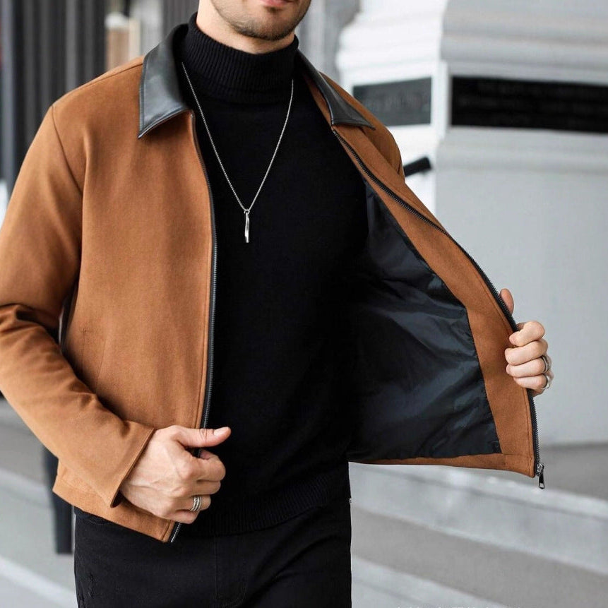 Men's Wool Blend Zip Jacket with Faux Leather Lapel - Caramel - M