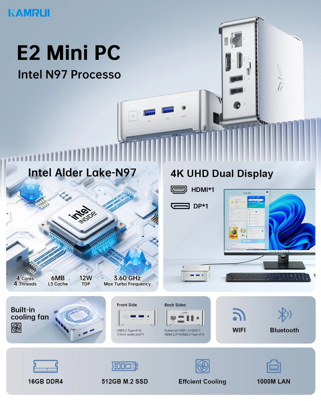 KAMRUI GK3Plus Mini PC, 16GB RAM 512GB M.2 SSD Mini Computers
