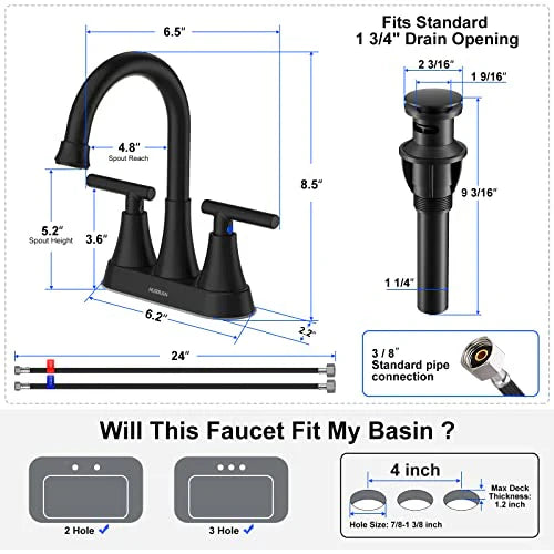 Bathroom Faucets for Sink 3 Hole, Hurran 4 inch Matte Black Bathroom Sink Faucet with Pop-up Drain