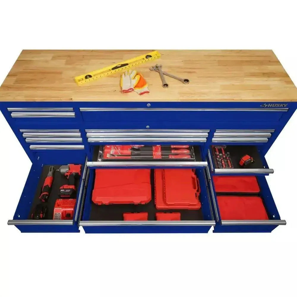 Husky 72 in. 18-Drawer Mobile Workbench with Solid Wood Top in Gloss Blue