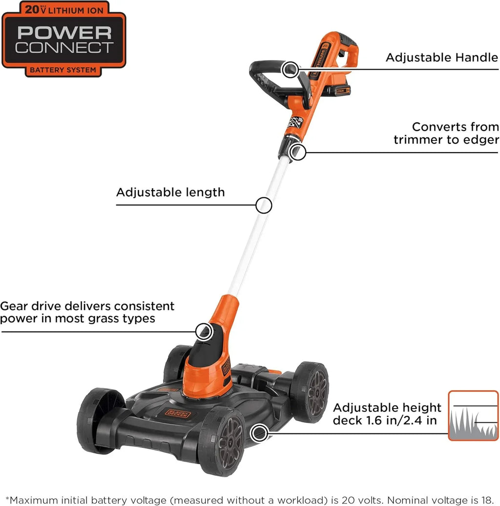 BLACK+DECKER Combination String Trimmer, Lawn Mower, and Edger, Cordless 3-in-1