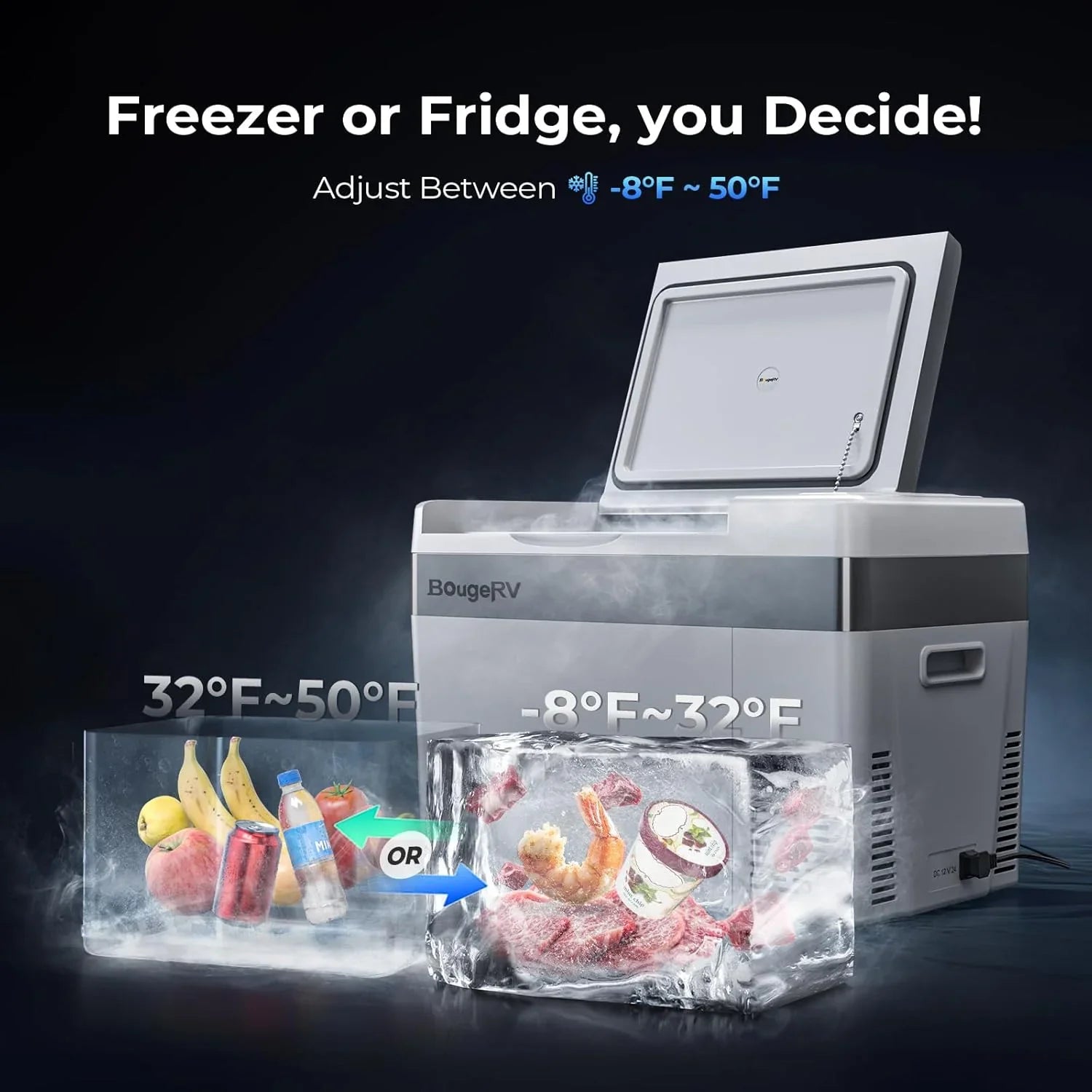 BougeRV 12 Volt Refrigerator 12V Car Fridge 23 Quart Portable Freezer Compressor Cooler 12/24V DC 110~240 Volt AC for Truck Van RV Camper SUV Travel Camping Road Trips Tailgating -7℉~50℉