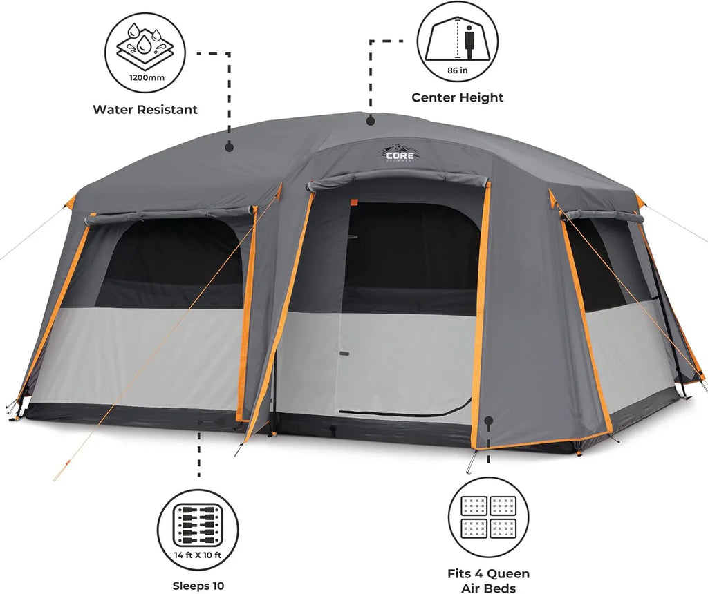 CORE Straight Wall Cabin Tents | 10 Person / 11 Person / 12 Person Large Multi Room Family Tents for Car Camping & Outdoor Adventures