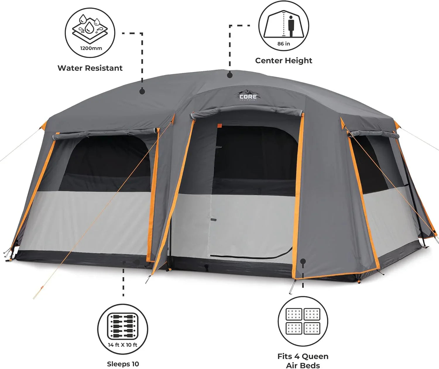 CORE Straight Wall Cabin Tents | 10 Person / 11 Person / 12 Person Large Multi Room Family Tents for Car Camping & Outdoor Adventures