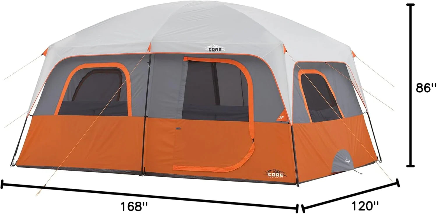 CORE Straight Wall Cabin Tents | 10 Person / 11 Person / 12 Person Large Multi Room Family Tents for Car Camping & Outdoor Adventures