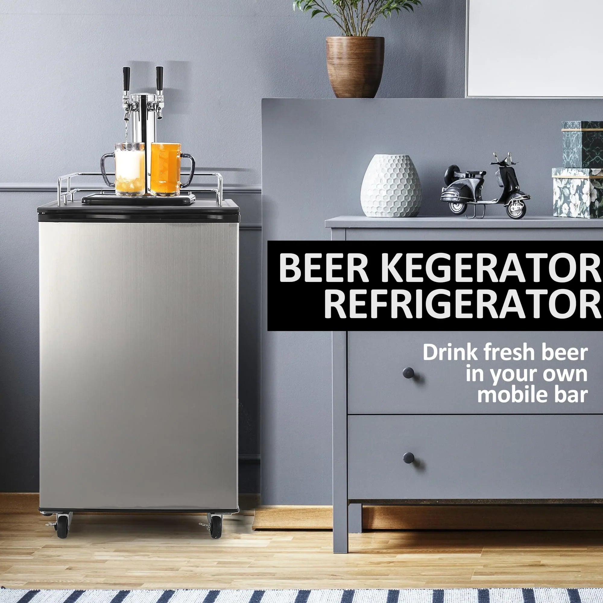 Beer Kegerator, Dual Tap Draft Beer Dispenser, Full Size Stainless Steel Keg Refrigerator With Drip Tray, CO2 Cylinder, 32°F- 50°F Temperature Control, 170L