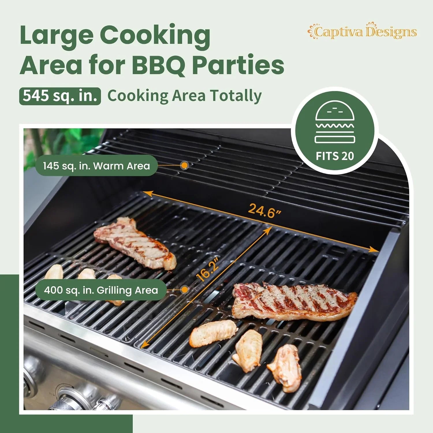 Burner Propane Gas BBQ Grill with Side Burner & Porcelain-Enameled Cast Iron Grates, 42,000 BTU Output Stainless Steel Grill for Outdoor Cooking Kitchen and Patio Backyard Barbecue-Captiva