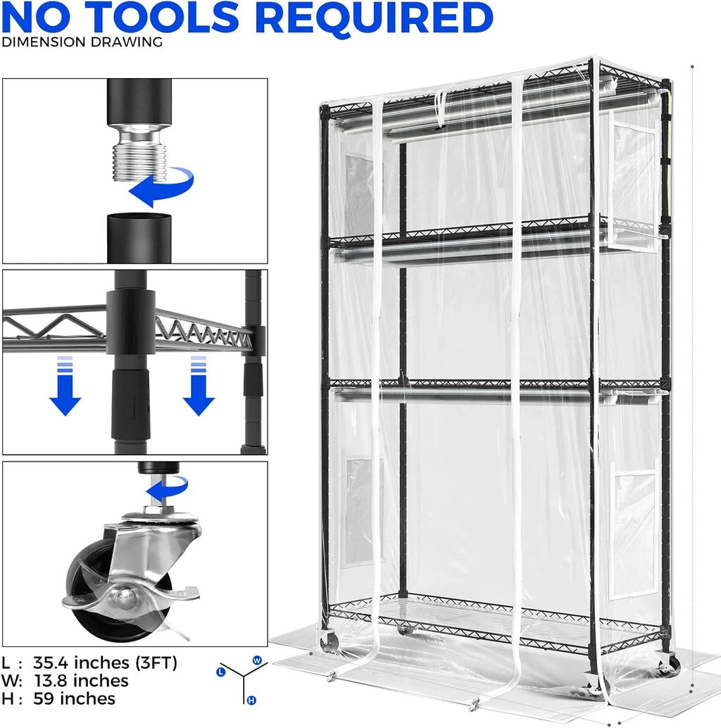 Barrina Mini Greenhouse with LED Grow Light for Indoor Plant, 4-Tier Portable Metal Plant Stand with Wheels, Plant Shelf with Tent, 6Pcs Plant Light with Timer and Thermo-Hygrometer, 35.4x13.8x59IN