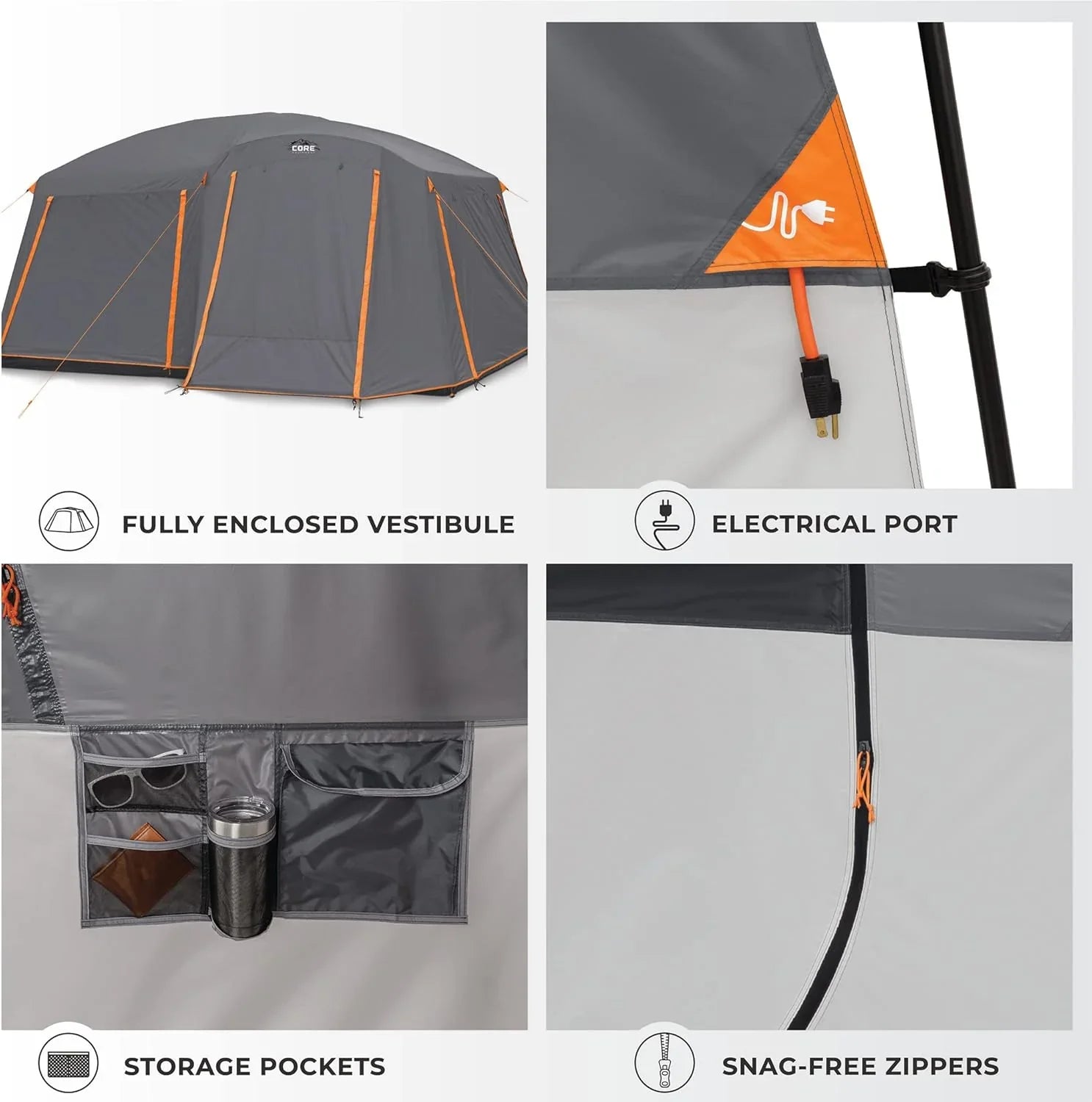 CORE Straight Wall Cabin Tents | 10 Person / 11 Person / 12 Person Large Multi Room Family Tents for Car Camping & Outdoor Adventures