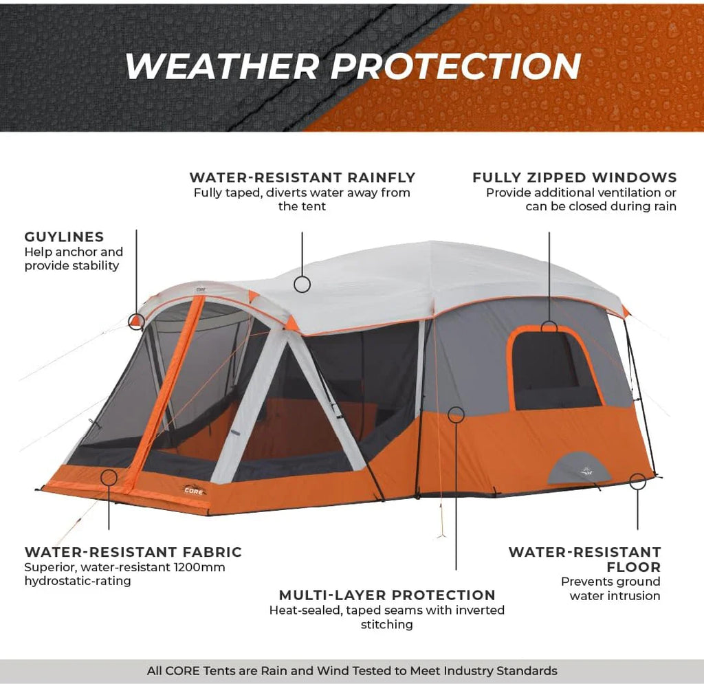 CORE Straight Wall Cabin Tents | 10 Person / 11 Person / 12 Person Large Multi Room Family Tents for Car Camping & Outdoor Adventures