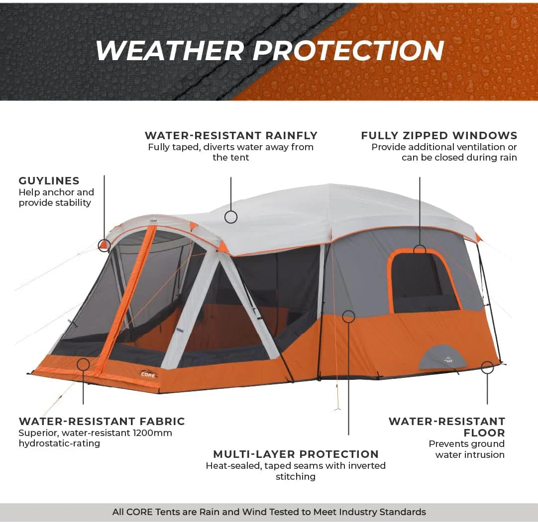 CORE Straight Wall Cabin Tents | 10 Person / 11 Person / 12 Person Large Multi Room Family Tents for Car Camping & Outdoor Adventures