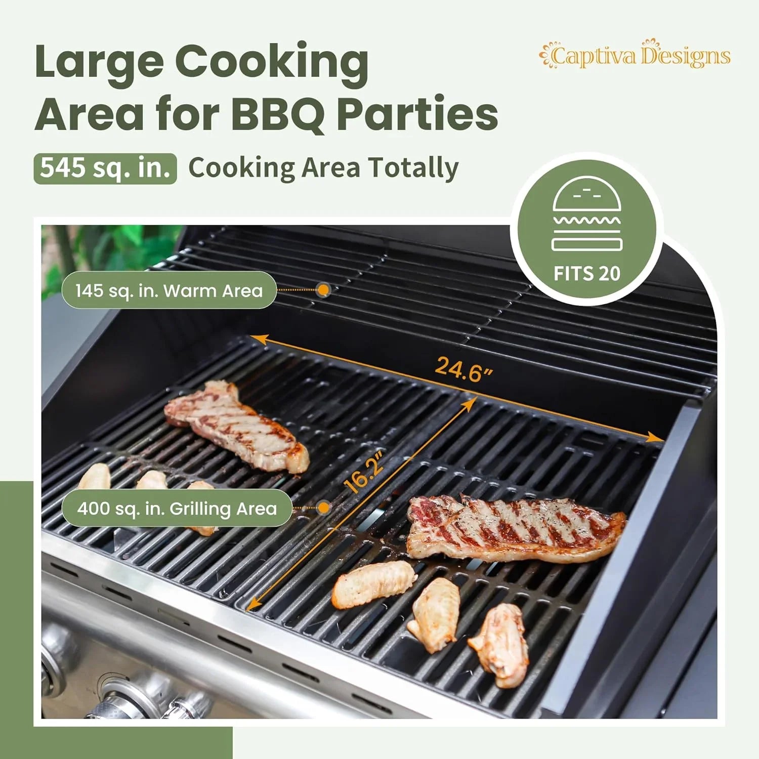 Burner Propane Gas BBQ Grill with Side Burner & Porcelain-Enameled Cast Iron Grates, 42,000 BTU Output Stainless Steel Grill for Outdoor Cooking Kitchen and Patio Backyard Barbecue-Captiva