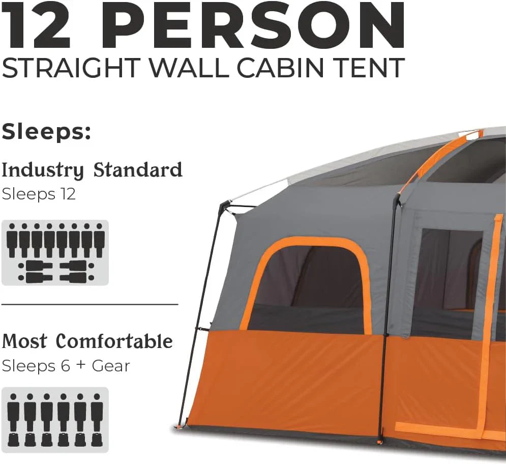 CORE Straight Wall Cabin Tents | 10 Person / 11 Person / 12 Person Large Multi Room Family Tents for Car Camping & Outdoor Adventures