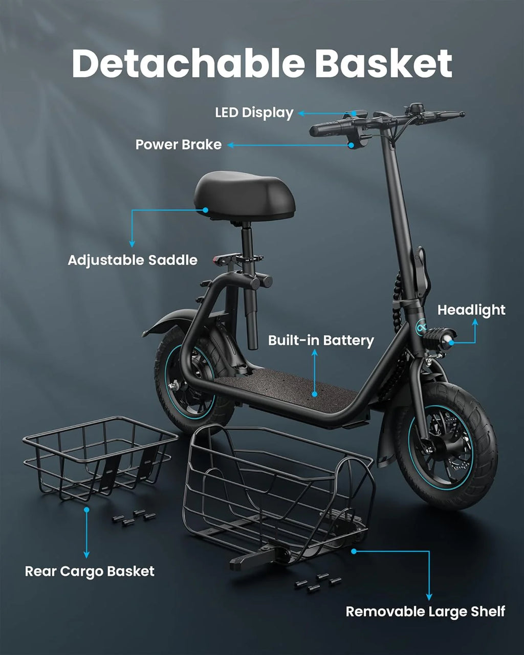 Electric Scooter with Large Basket, 550W Motor