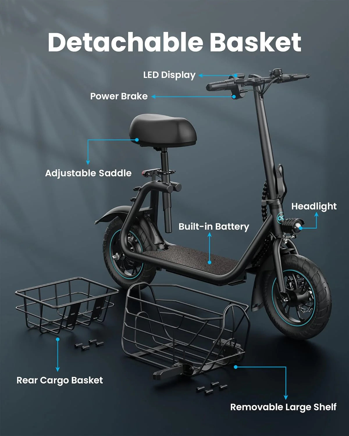 Electric Scooter with Large Basket, 550W Motor